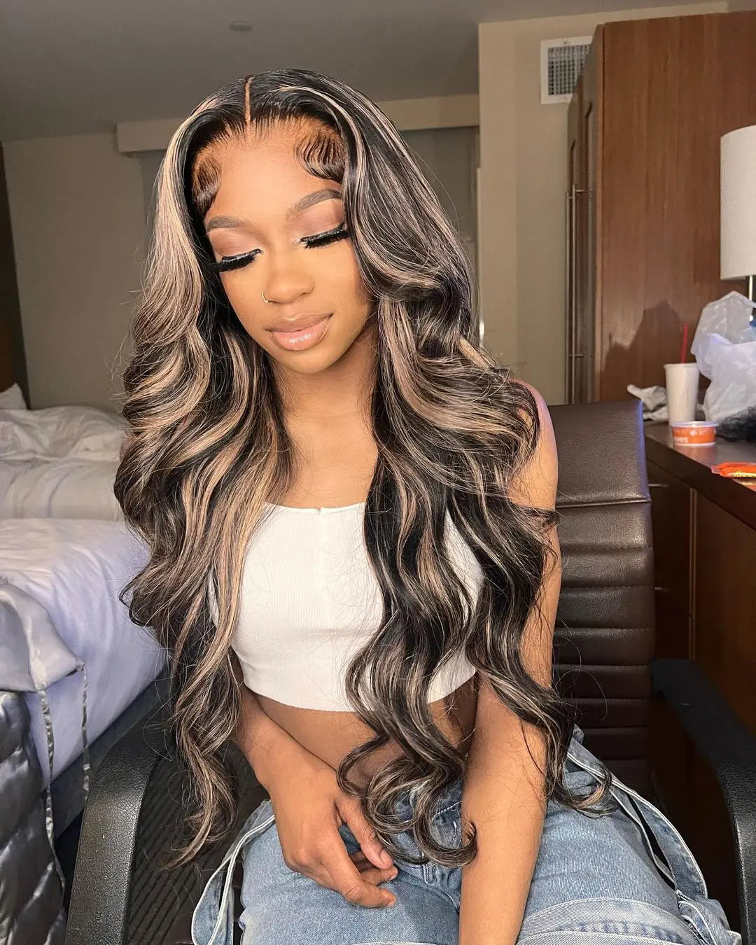 13X4 Highlight Human Hair Wigs 200% Peruvian Body Wave Lace Front Wig Honey Blonde Brown with Black 13x6 Wavy Lace Frontal Wig