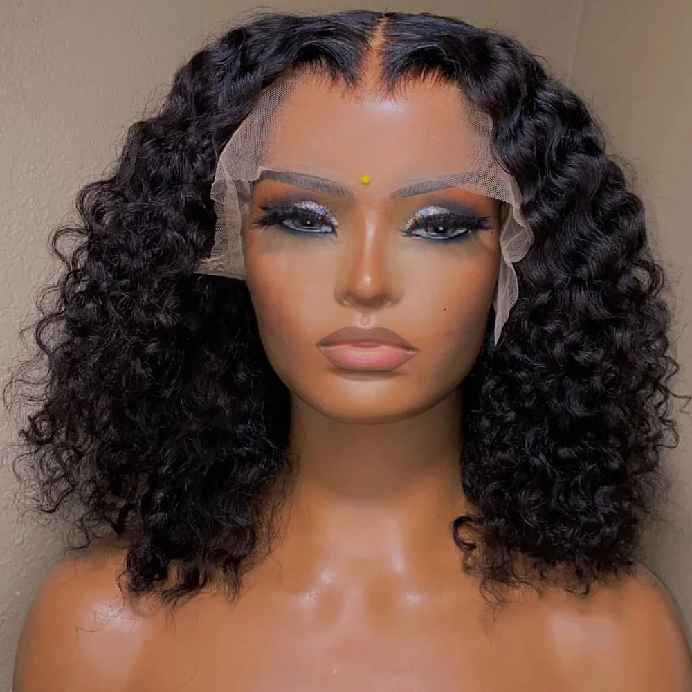 Glueless Wig 12A Short Bob Wig Deep Wave Human Hair Wigs Water Wave Frontal Wig Kinky Curly Bob Lace Front Wig Transparent Wigs