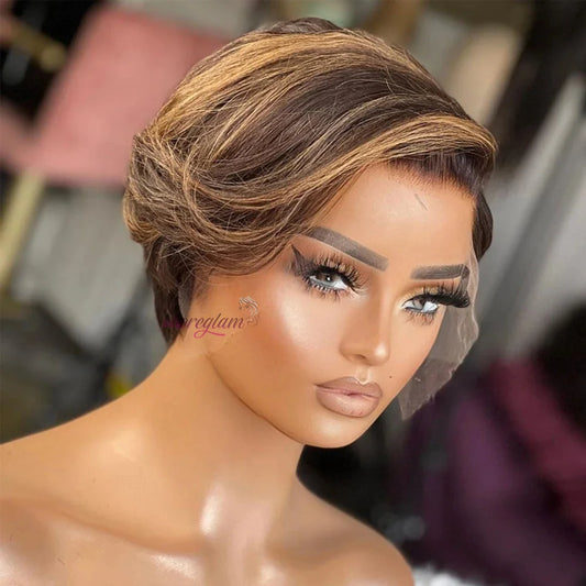 Short Bob Wig Pixie Cut Wig Straight Human Hair Wigs T Part Transparent Lace Wig For Women Highlight Straight Pixie Cut Wig