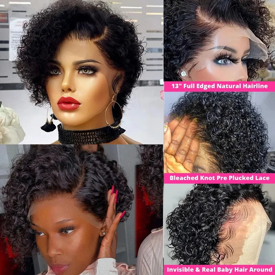 Short Bob Wig Pixie Cut Wig Curly Human Hair Wigs For Women 13x1 Lace Front Transparent Deep Wave Lace Wig Preplucked Hairline