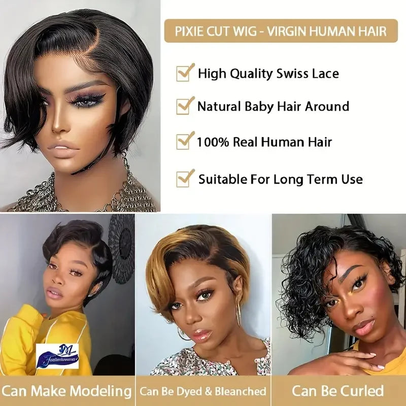 Short Pixie Cut Wigs Straight Human Hair Bob Wigs Brazilian Glueless 13*1 HD Transparent Lace Front Wigs For Women Natural Color