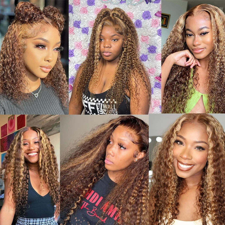 13x4 13x6 Hd Lace Water Deep Wave Frontal Wig Highlight Honey Brown Glueless Curly Human Hair Wigs Colored Bob For Women 30 Inch