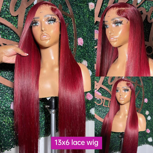30 36 Inch Burgundy 13x6 Hd Lace Frontal Human Hair Wig On Sale Bone Straight Lace Front 99J Colored Human Hair Wigs For Women