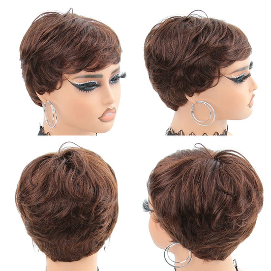 Chocolate Brown Short Pixie Cut Wig Human Hair For Black Women Machine Made Wigs With Bangs Glueless Wig Human Hair Wigs