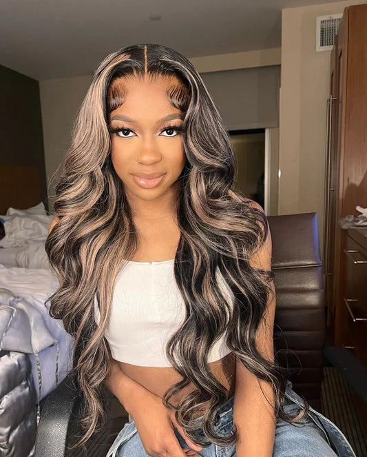13X4 Highlight Human Hair Wigs 200% Peruvian Body Wave Lace Front Wig Honey Blonde Brown with Black 13x6 Wavy Lace Frontal Wig